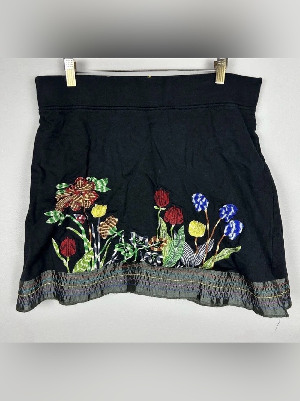 Desigual Boho Black Floral Embroidered Stretch Waist Mini Skirt Artsy Large